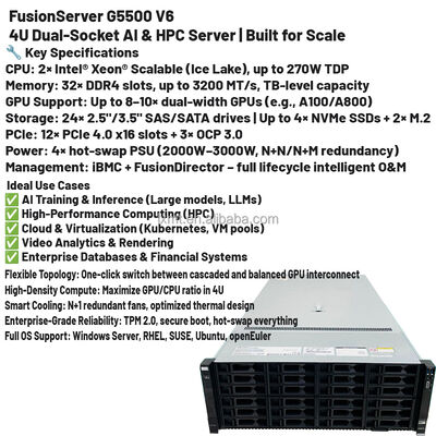 FusionServer G5500 V6 Rack GPU Server 2 Socket 4u Rackmount Server Xeon 4310 2*64GB DDR4 2*2000W PSU